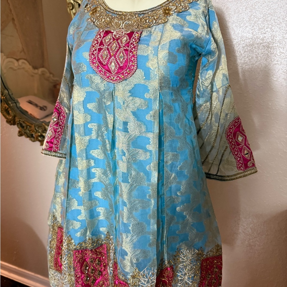 Blue and Gold Embroidered Dress with Pink Accents